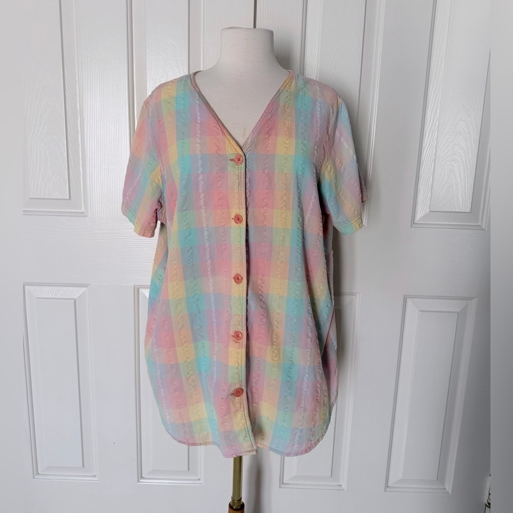 Vintage Pastel Plaid Button-Front Short Sleeve Top